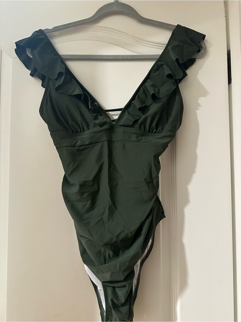 Ruffled V-Neck One-Piece Swimsuit - Dark Green-Size S
